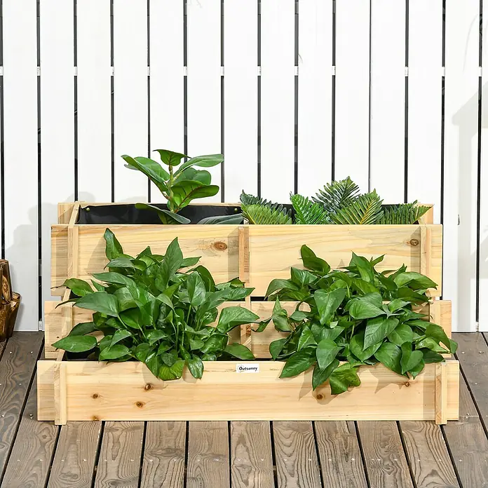 Outsunny Hochbeet mit 5 Pflanzbereiche - Holz, Naturholz - Gestuftes Holzpflanzgefäß mit mehreren Ebenen für Grünpflanzen. Ideal für Gartenarbeit auf Terrasse oder Deck.