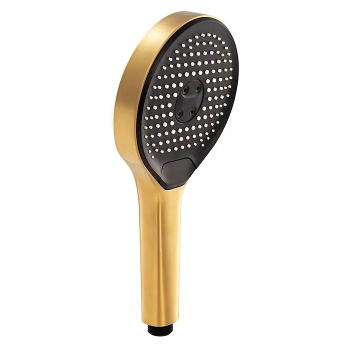 SCHÖNER WOHNEN-Kollektion Brausegarnitur Handbrause Glaia Wassersparend Mattgold - Art Strahl: Regenstrahl, Regen-Mix-Strahl und Massagestrahl, Mattgold - Handbrause in gebürstetem Gold mit schwarzer Strahlplatte und weißen Düsen.