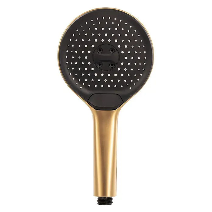SCHÖNER WOHNEN-Kollektion Brausegarnitur Handbrause Glaia Wassersparend Mattgold - Art Strahl: Regenstrahl, Regen-Mix-Strahl und Massagestrahl, Mattgold - Goldene Handbrause mit schwarzem Brausekopf.