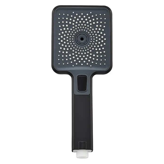 SCHÖNER WOHNEN-Kollektion Brausegarnitur Handbrause Verina Wassersparend Industrial - Art Strahl: Regenstrahl, Massage-Mix-Strahl und Massagestrahl, Grau - Dunkelgrauer und schwarzer Handbrausekopf mit quadratischer Fläche, weißen Düsen und einem Knopf am Griff.