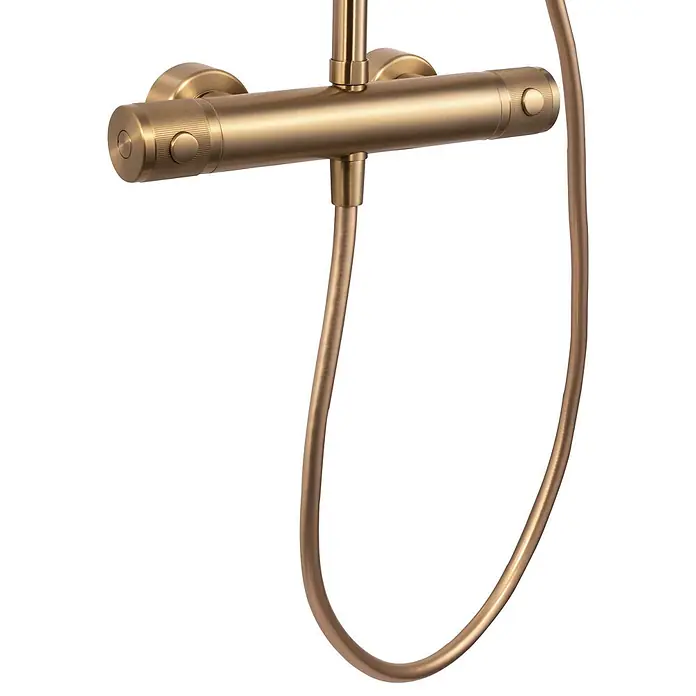 Schöner Wohnen Duschsystem mit Thermostat Glaia Wassersparend Mattgold -  - Gebürsteter Messing-Thermostat-Duschmischer mit Schlauch und gerändelten Griffen.