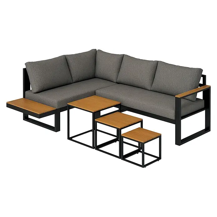 Outsunny Gartenmöbel-Set Dunkelgrau 148L x 61B x 71,5H cm -  - Dunkelgraues L-förmiges Outdoor-Sofa mit schwarzem Metallrahmen und Holzarmlehne/Beistelltisch, plus drei Beistelltische mit schwarzen Rahmen und Holzplatten.