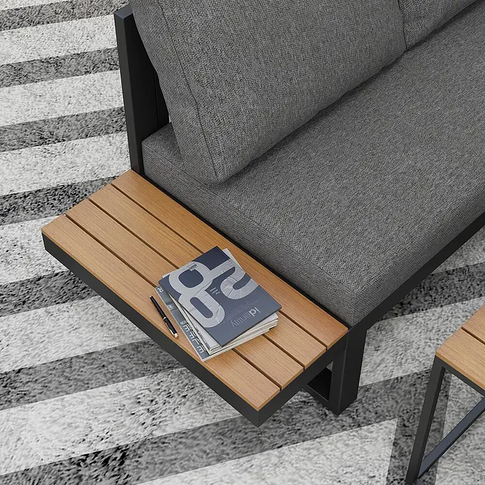 Outsunny Gartenmöbel-Set Dunkelgrau 148L x 61B x 71,5H cm -  - Graues Outdoor-Sofa mit integriertem Holztisch auf schwarzem Rahmen, mit Magazin und Stift.
