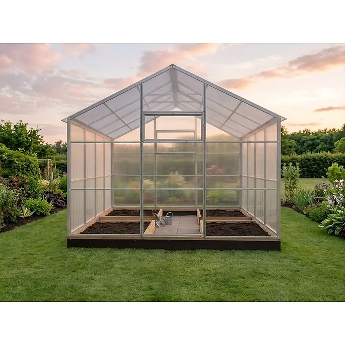 Garten Dream Gewächshaus Flora, 10mm Polycarbonat - 300 x 800 cm, Material Seitenwand: Kunststoff, 10 mm, Silber - Ein Gewächshaus mit Aluminiumrahmen und transluzenten Paneelen, mit Hochbeeten im Inneren, in einem grünen Garten.