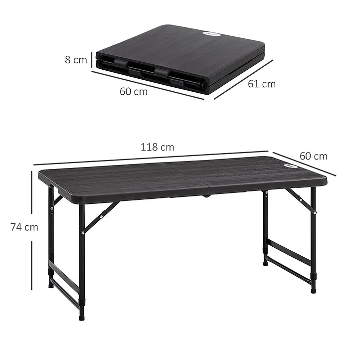 Outsunny Gartentisch Dunkelgrau 118L x 60B x 74H cm -  - Ein dunkelgrauer Klapptisch, zusammengeklappt (61x60x8 cm) und ausgeklappt (118x60x74 cm) dargestellt.