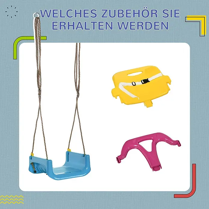 Outsunny Babyschaukel - Kunststoff - Blauer Kunststoff-Kinderschaukelsitz mit Seilen, gelber Sicherheitsbügel mit Gurten und pinkfarbener T-Stange.
