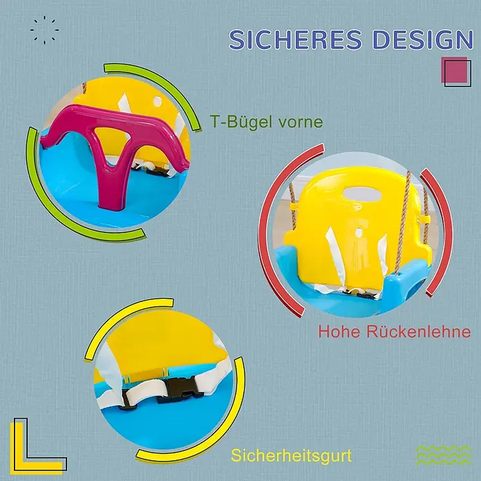 Outsunny Babyschaukel - Kunststoff - Blau-gelbe Babyschaukel mit T-Bügel, hoher Rückenlehne und Sicherheitsgurt für sicheren Gebrauch.