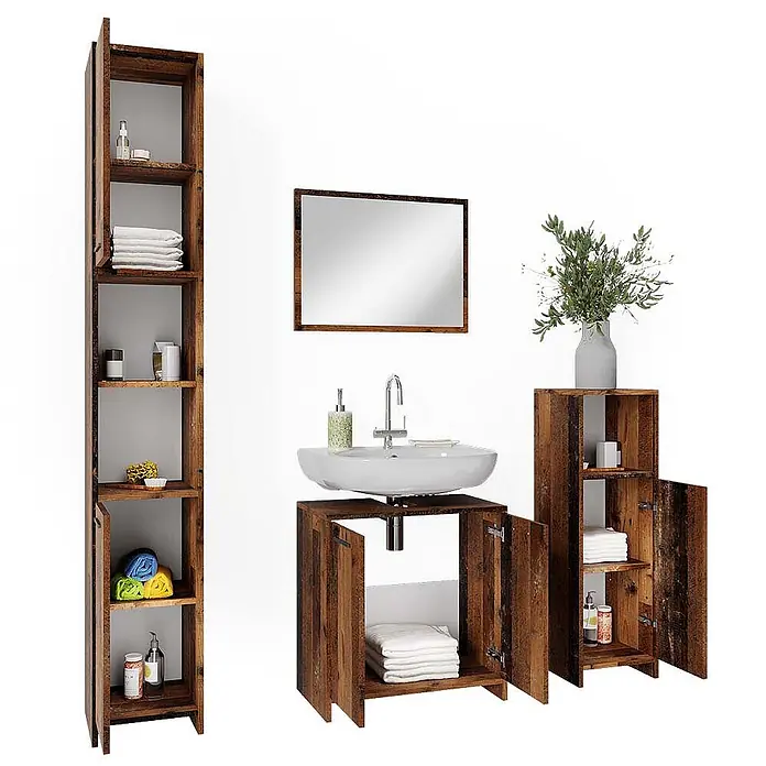 Vicco Badmöbel-Set Kiko Eiche rustikal 4 Teile - Gesamtbreite Badmöbel: 118 cm, Eiche rustikal, Matt - Rustikales dunkelbraunes Badezimmerset: hohes Regal, Waschtisch mit weißem Waschbecken & Spiegel, und ein Schrank.