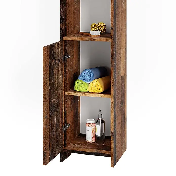 Vicco Badmöbel-Set Kiko Eiche rustikal 4 Teile - Gesamtbreite Badmöbel: 118 cm, Eiche rustikal, Matt - Hoher Schrank aus Altholz mit offenen Regalen, gefüllt mit Handtüchern und Badeartikeln.