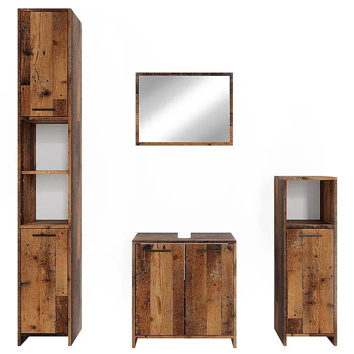 Vicco Badmöbel-Set Kiko Eiche rustikal 4 Teile - Gesamtbreite Badmöbel: 118 cm, Eiche rustikal, Matt - Rustikales Badmöbel-Set aus dunklem Holz: Hochschrank, Waschtischunterschrank, Spiegel und kleiner Schrank.