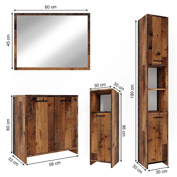 Vicco Badmöbel-Set Kiko Eiche rustikal 4 Teile - Gesamtbreite Badmöbel: 118 cm, Eiche rustikal, Matt - Rustikales Badezimmermöbelset aus Holz: Spiegel, Unterschrank und zwei Hochschränke mit Türen und Regalen, mit Maßen.