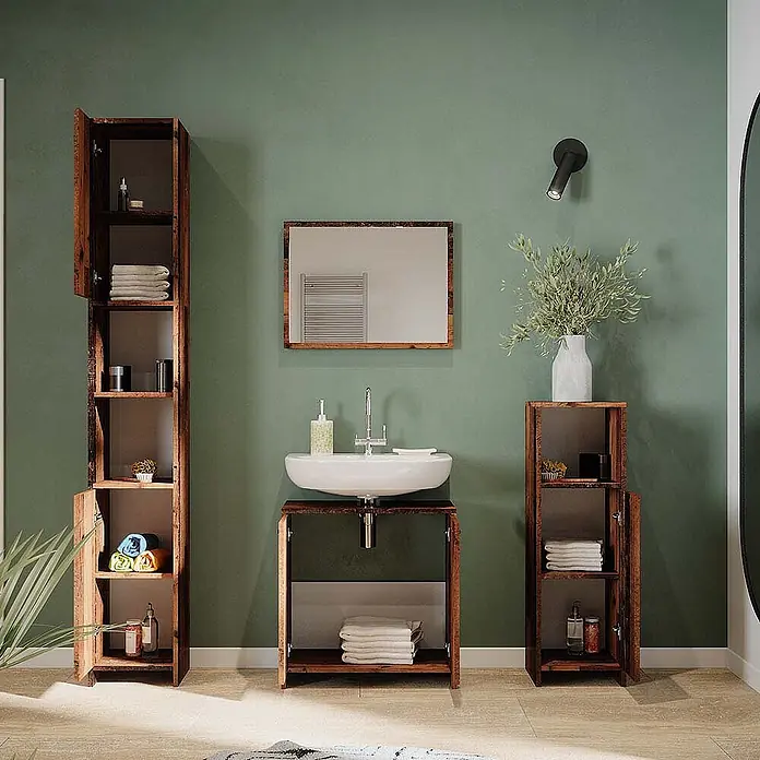 Vicco Badmöbel-Set Kiko Eiche rustikal 4 Teile - Gesamtbreite Badmöbel: 118 cm, Eiche rustikal, Matt - Set dunkler Badezimmermöbel aus Holz: Waschtisch mit weißem Waschbecken, hoher Schrank und niedriger Schrank mit offenem Stauraum.