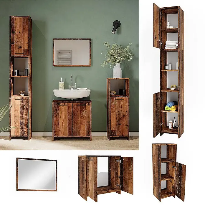 Vicco Badmöbel-Set Kiko Eiche rustikal 4 Teile - Gesamtbreite Badmöbel: 118 cm, Eiche rustikal, Matt - Rustikale Badezimmermöbel aus Holz: Hochschrank, Waschtischunterschrank, kleiner Schrank und Spiegel zur Aufbewahrung.