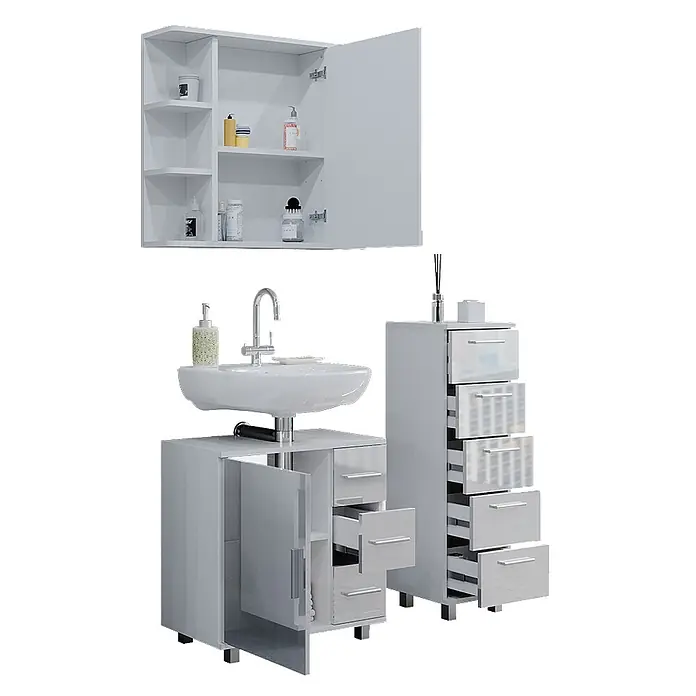 Badmöbel-Set Ilias 60 cm Weiß Hochglanz Art.-Nr. 40220 -  - Hochglänzendes weißes Badmöbel-Set: Wandschrank, Waschtisch mit Waschbecken und hoher Schubladenschrank.
