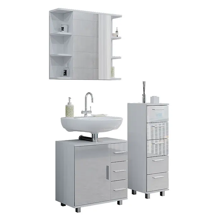 Badmöbel-Set Ilias 60 cm Weiß Hochglanz Art.-Nr. 40220 -  - Glänzend hellgraue Badmöbel-Set mit Spiegelschrank, Waschtischunterschrank und hohem Schubladenschrank.