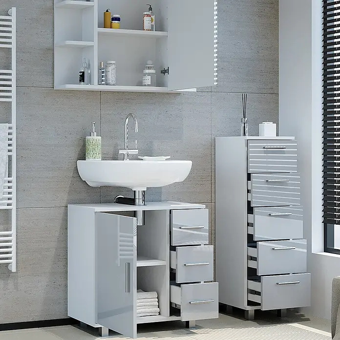 Badmöbel-Set Ilias 60 cm Weiß Hochglanz Art.-Nr. 40220 -  - Glänzendes weißes Badmöbelset mit Waschtisch, Waschbecken, Wandschrank und hohem Schrank, mit offenen Schubladen und Türen.