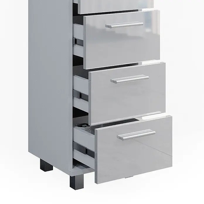 Badmöbel-Set Ilias 60 cm Weiß Hochglanz Art.-Nr. 40220 -  - Helles graues Schubladenschrank mit glänzenden Fronten, teils geöffnet, mit silbernen Griffen. Steht auf dunklen Füßen.