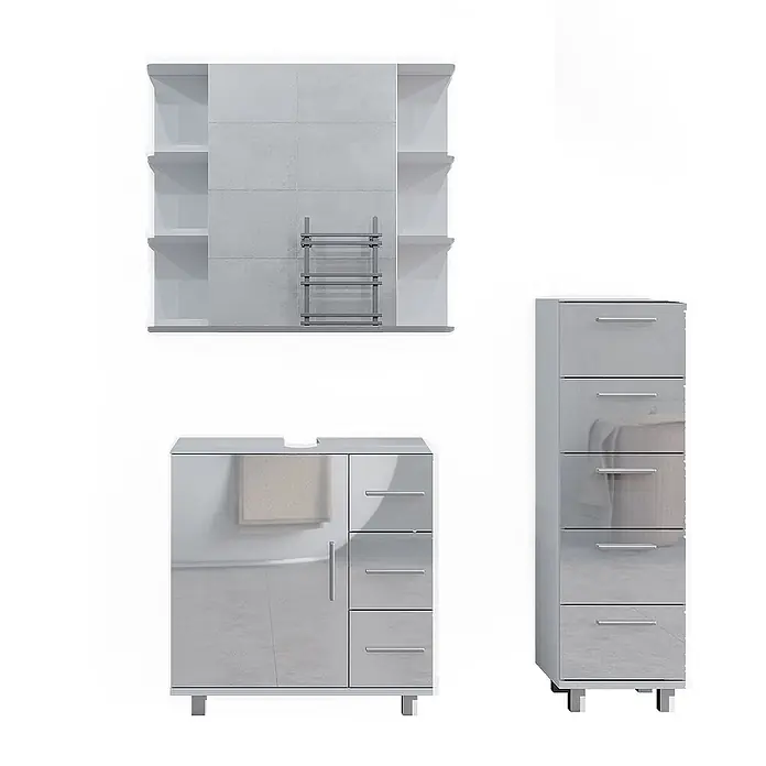 Badmöbel-Set Ilias 60 cm Weiß Hochglanz Art.-Nr. 40220 -  - Glänzendes graues Badmöbelset mit Wandregal, Waschtischunterschrank und hohem Schubladenschrank zur Aufbewahrung.