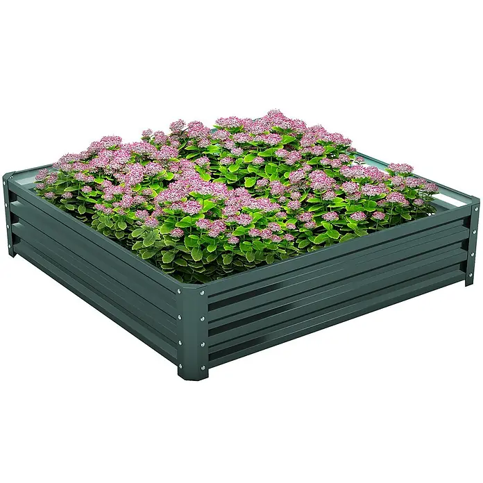 Outsunny Hochbeet Dunkelgrün 120L x 120B x 30H cm -  - Dunkelgrünes Metall-Hochbeet, gefüllt mit rosa Blumen und grünen Pflanzen.