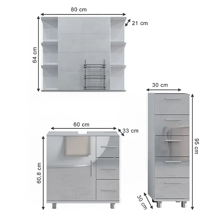 Badmöbel-Set Ilias 60 cm Weiß Hochglanz Art.-Nr. 40220 -  - Graues Hochglanz-Badmöbelset mit Wandregal, Waschtischunterschrank mit Tür und Schubladen sowie einem hohen Hochschrank mit Schubladen.