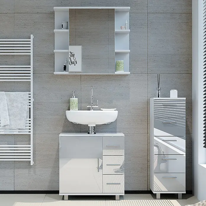 Badmöbel-Set Ilias 60 cm Weiß Hochglanz Art.-Nr. 40220 -  - Weißes und graues Hochglanz-Badezimmermöbelset mit Waschtisch, Waschbecken, Hochschrank und Spiegelschrank.