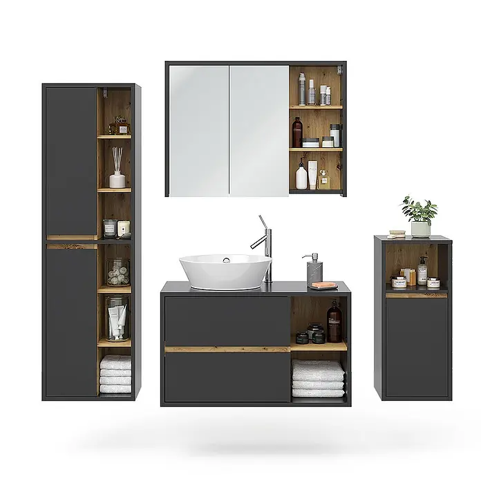 Vicco Badmöbel-Set Viola Anthrazit 4 Teile - Gesamtbreite Badmöbel: 187,8 cm, Anthrazit, Matt - Dunkelgraues Badmöbel-Set mit Eichenholz-Akzenten, inklusive Waschtisch, Hochschrank und Spiegelschrank, mit Stauraumlösungen.
