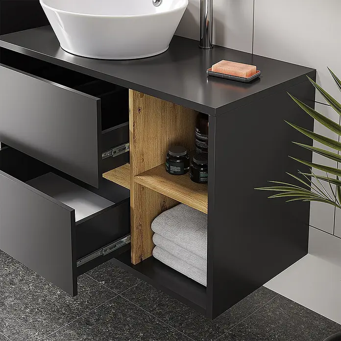 Vicco Badmöbel-Set Viola Anthrazit 4 Teile - Gesamtbreite Badmöbel: 187,8 cm, Anthrazit, Matt - Moderner dunkelgrauer Badunterschrank mit weißem Waschbecken, offenen Holzregalen und teilweise geöffneten Schubladen.