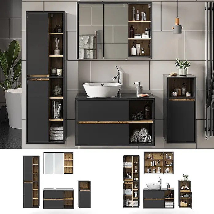 Vicco Badmöbel-Set Viola Anthrazit 4 Teile - Gesamtbreite Badmöbel: 187,8 cm, Anthrazit, Matt - Badmöbelset in Anthrazit und Eiche: Waschbeckenunterschrank, Spiegelschrank, Hochschrank und Beistellschrank, für Stauraum.