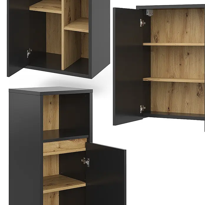 Vicco Badmöbel-Set Viola Anthrazit 4 Teile - Gesamtbreite Badmöbel: 187,8 cm, Anthrazit, Matt - Dunkelgraue Modulschränke mit hellen Holzinterieurs und geöffneten Türen, die Regale zeigen.