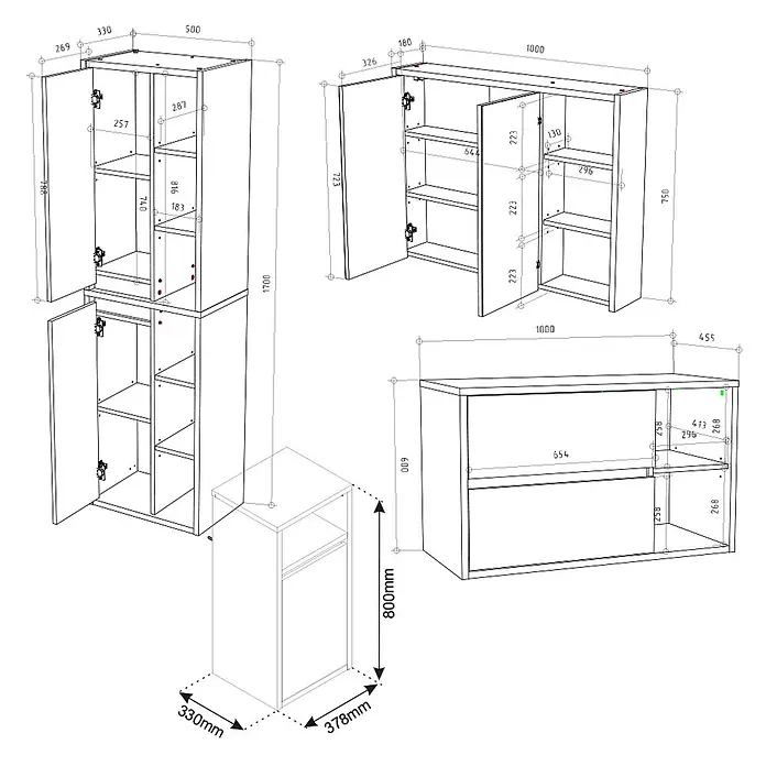 Vicco Badmöbel-Set Viola Anthrazit 4 Teile - Gesamtbreite Badmöbel: 187,8 cm, Anthrazit, Matt - Detaillierte technische Zeichnung eines modularen weißen Badmöbel-Sets mit Schränken, Türen und Regalen, inklusive Maßen.