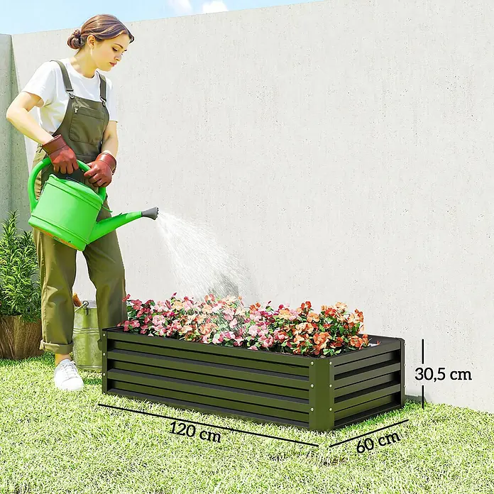 Outsunny Hochbeet Grau 120L x 60B x 30,5H cm -  - Dunkelgrünes Hochbeet (120x60x30,5 cm) mit bunten Blumen, wird gegossen.