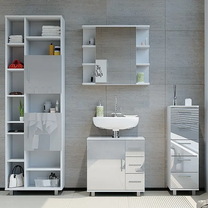 Badmöbel-Set Ilias 60 cm Weiß Hochglanz Art.-Nr. 40222 -  - Modernes Badmöbelset in Weiß und Grau Hochglanz mit Hochschrank, Waschtisch, Spiegelschrank und Schubladenschrank.