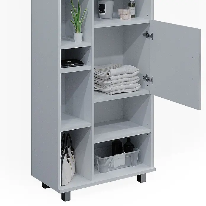 Badmöbel-Set Ilias 60 cm Weiß Hochglanz Art.-Nr. 40222 -  - Vielseitiger hellgrauer Hochschrank mit offenen Fächern und einer Tür für verschiedene Gegenstände.