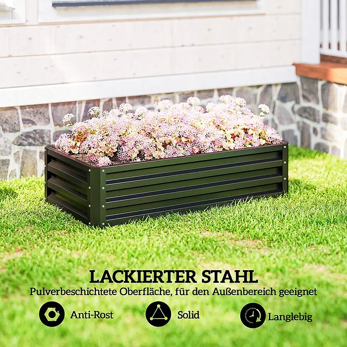 Outsunny Hochbeet Grau 120L x 60B x 30,5H cm -  - Dunkelgrünes Hochbeet aus pulverbeschichtetem Stahl, gefüllt mit rosa Blumen, vor einem Haus.