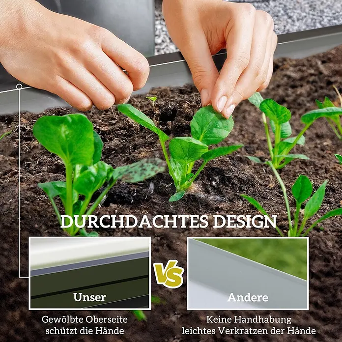 Outsunny Hochbeet Grau 120L x 60B x 30,5H cm -  - Detailansicht eines Hochbeetrandes, der eine abgerundete Oberseite zum Handschutz im Vergleich zu einer scharfen Kante zeigt.