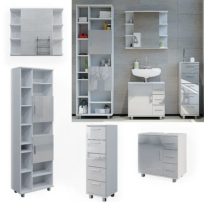 Badmöbel-Set Ilias 60 cm Weiß Hochglanz Art.-Nr. 40222 -  - Set glänzender weiß-grauer modularer Badmöbel: Schränke, Regale und Schubladeneinheiten.