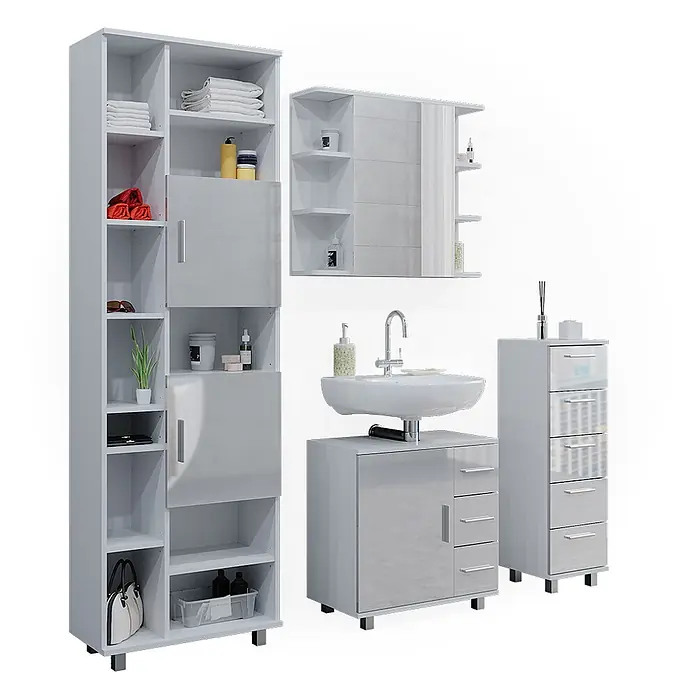 Badmöbel-Set Ilias 60 cm Weiß Hochglanz Art.-Nr. 40222 -  - Weiß-graue Hochglanz-Badmöbelgarnitur mit Hochschrank, Waschtisch mit Waschbecken, Spiegelschrank und Schubladenschrank.
