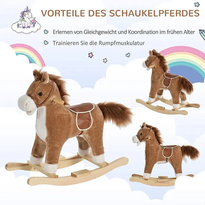 Kinder Schaukelpferd Baby Schaukeltier Pferd Spielzeug Braun -  - Drei braune Plüsch-Schaukelpferde mit Holz-Kufen und braunen Sätteln, in verschiedenen Größen/Perspektiven dargestellt.