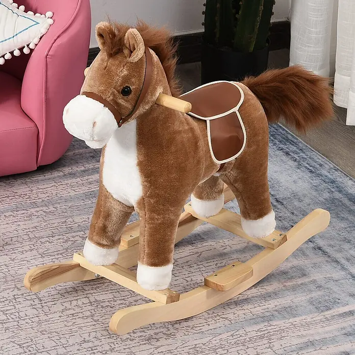 Kinder Schaukelpferd Baby Schaukeltier Pferd Spielzeug Braun -  - Braunes und weißes Plüsch-Schaukelpferd mit Holzgestell und braunem Sattel, auf einem gemusterten Teppich.