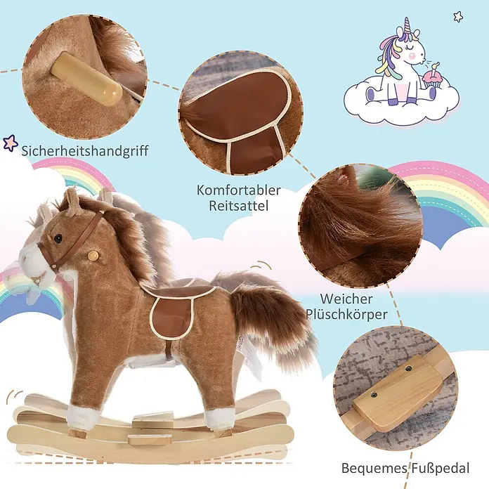 Kinder Schaukelpferd Baby Schaukeltier Pferd Spielzeug Braun -  - Braunes Plüsch-Schaukelpferd mit Holzbasis, Sattel, Sicherheitsgriffen und Fußstützen. Hellblauer Hintergrund mit Regenbogen und Einhorn.