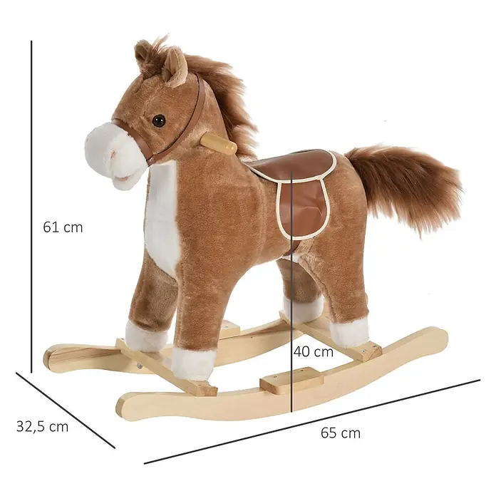 Kinder Schaukelpferd Baby Schaukeltier Pferd Spielzeug Braun -  - Braunes Plüsch-Schaukelpferd mit Sattel und Holz-Schaukelgestell.