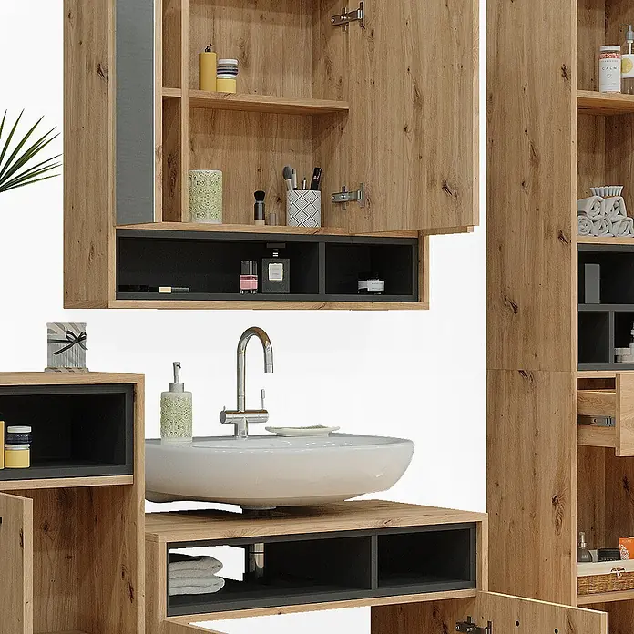 Vicco Badmöbel-Set Beatrice Artisan-Eiche 4 Teile - Gesamtbreite Badmöbel: 156 cm, Artisan-Eiche, Matt - Modernes Badezimmer-Set mit Waschtisch und Wandschränken in Holzoptik und Dunkelgrau, bietet Stauraum.