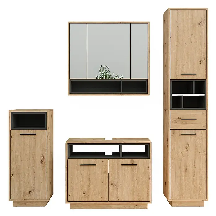 Vicco Badmöbel-Set Beatrice Artisan-Eiche 4 Teile - Gesamtbreite Badmöbel: 156 cm, Artisan-Eiche, Matt - Modulares Aufbewahrungsmöbel-Set in heller Holzoptik mit dunkelgrauen Akzenten.