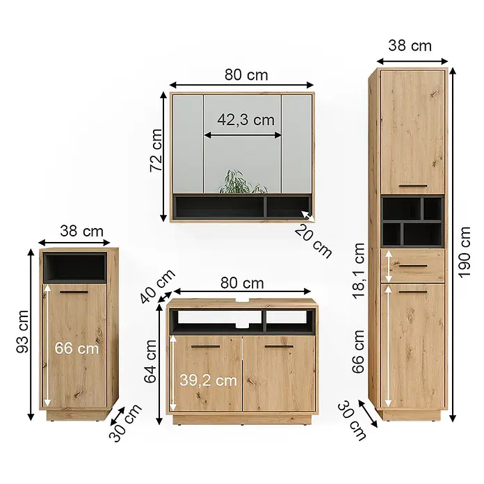 Vicco Badmöbel-Set Beatrice Artisan-Eiche 4 Teile - Gesamtbreite Badmöbel: 156 cm, Artisan-Eiche, Matt - Modulare Wohnzimmermöbel aus hellem Holzdekor mit dunklen Akzenten, inklusive Schränken und TV-Board, mit Maßen.