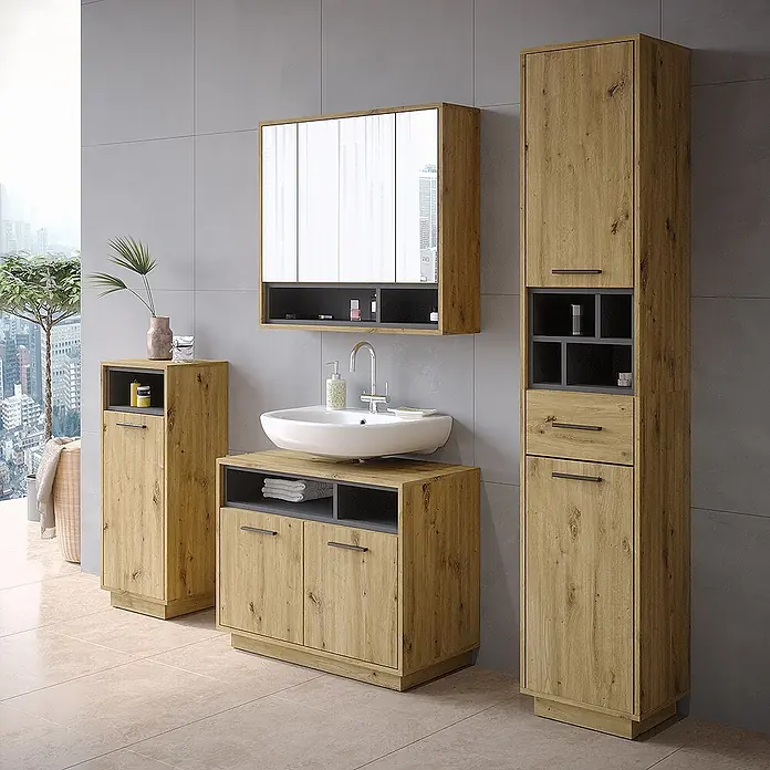 Vicco Badmöbel-Set Beatrice Artisan-Eiche 4 Teile - Gesamtbreite Badmöbel: 156 cm, Artisan-Eiche, Matt - Modernes Badmöbelset aus hellem Holz mit grauen Akzenten, bestehend aus Spiegelschrank, Waschtischunterschrank und Hochschränken.