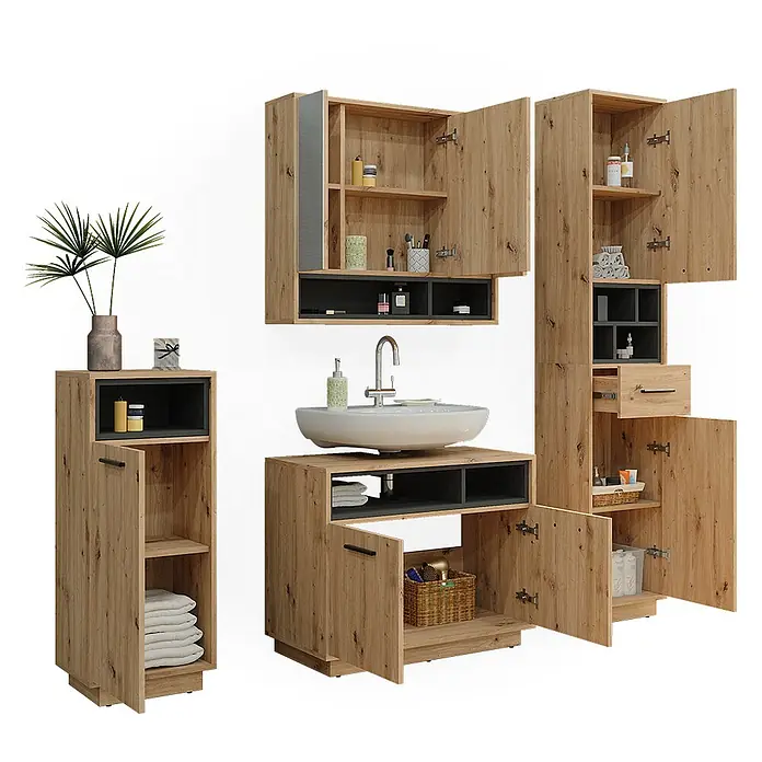 Vicco Badmöbel-Set Beatrice Artisan-Eiche 4 Teile - Gesamtbreite Badmöbel: 156 cm, Artisan-Eiche, Matt - Modernes Badmöbel-Set in hellem Holz mit dunkelgrauen Akzenten, inklusive Waschtisch, Wand- und Hochschränken.
