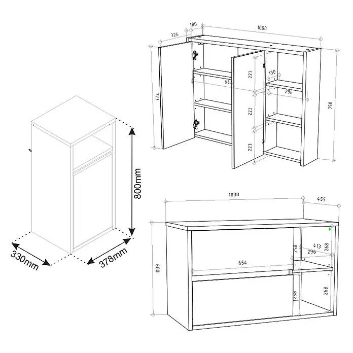 Vicco Badmöbel-Set Viola Anthrazit 3 Teile, mit Midischrank - Gesamtbreite Badmöbel: 137,8 cm, Anthrazit, Matt - Maßzeichnung von modularen Aufbewahrungsmöbeln, einschließlich eines Hochschranks, Wandschranks und einer niedrigen Kommode, mit detaillierten Maßen.