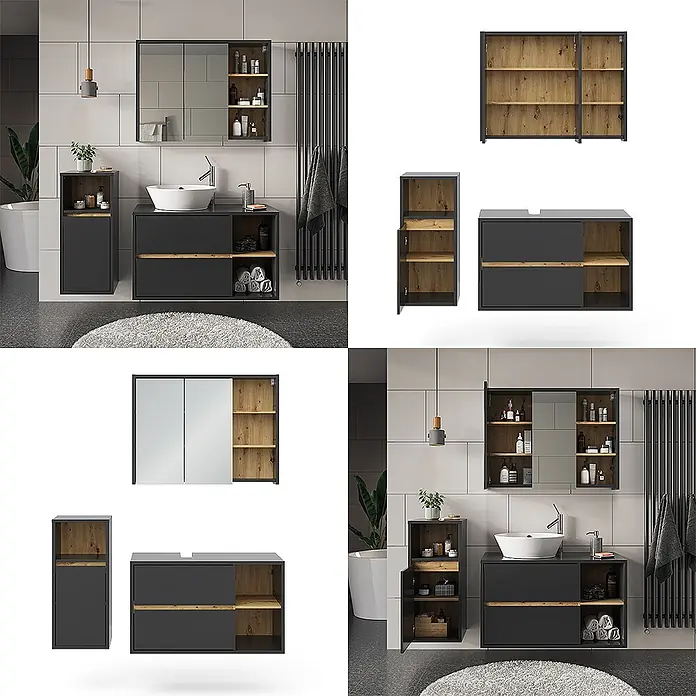 Vicco Badmöbel-Set Viola Anthrazit 3 Teile, mit Midischrank - Gesamtbreite Badmöbel: 137,8 cm, Anthrazit, Matt - Dunkelgraues Badmöbel-Set mit Holz-Akzenten: Waschtisch, Spiegelschrank, Hochschrank.