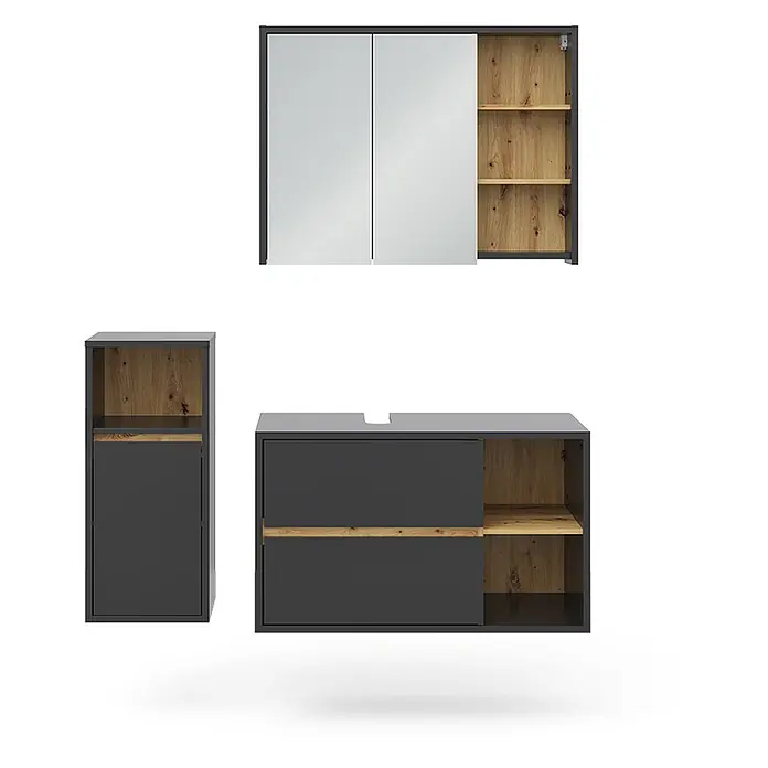 Vicco Badmöbel-Set Viola Anthrazit 3 Teile, mit Midischrank - Gesamtbreite Badmöbel: 137,8 cm, Anthrazit, Matt - Modulares Badezimmermöbelset in Dunkelgrau und Eiche: ein Spiegelschrank, ein hoher Beistellschrank und ein Waschtischunterschrank mit Schubladen und offenen Fächern.