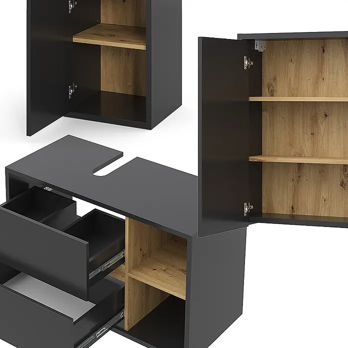 Vicco Badmöbel-Set Viola Anthrazit 3 Teile, mit Midischrank - Gesamtbreite Badmöbel: 137,8 cm, Anthrazit, Matt - Anthrazitfarbener Badunterschrank mit heller Holzinnenausstattung. Verfügt über ein offenes Fach, Schubladen und einen Waschtischausschnitt.